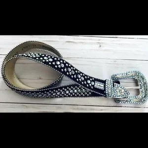 BB Simon Crystal Studded Black Pony Hair Leather Belt Size XL b.b. Simon Black Studded Pony Hair Cross Crystal Belt  main image 3